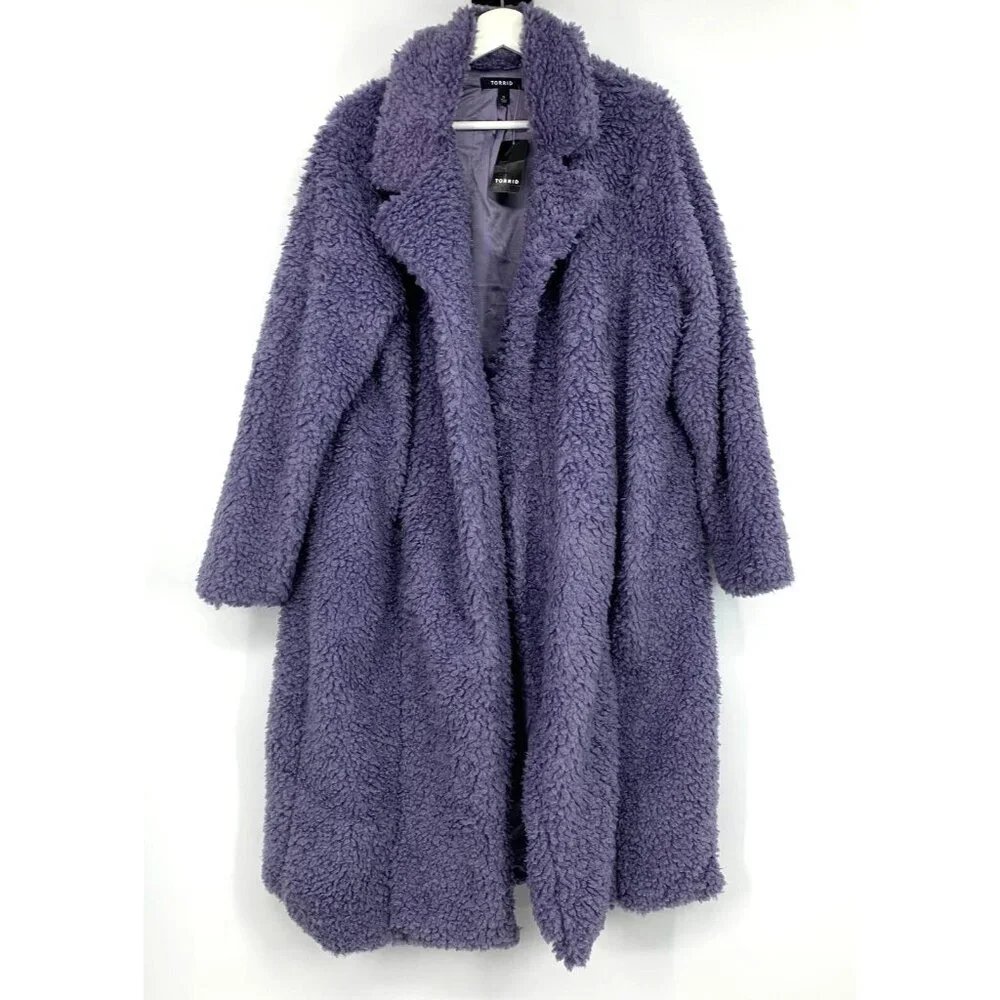 Torrid 0 Maxi Coat Size 12 Purple Soft Sherpa Open Front Lined NWT - Picture 6 of 15